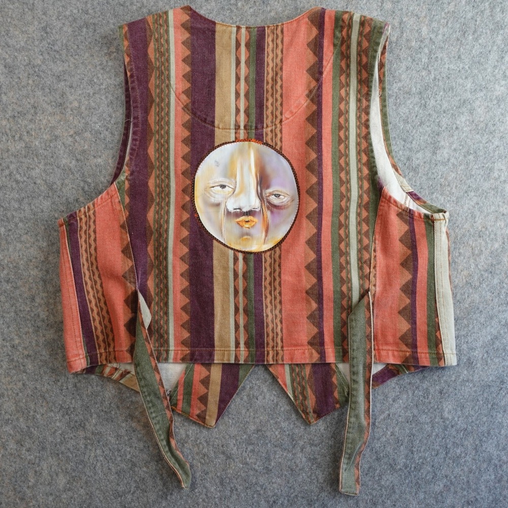 Vintage 90s Vest Womens M Striped Artsy Patch Southwestern Boho Indie Festival - Picture 3 of 10